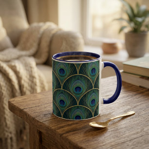 Art Deco Peacock Feather Geometric Pattern Two-Tone Coffee Mug