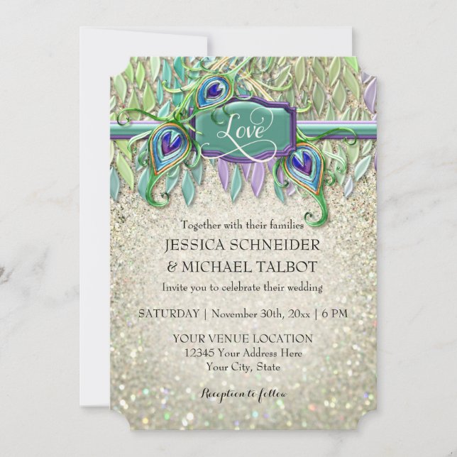 Art Deco Peacock Feather Glitter Movie Ticket Invitation (Front)