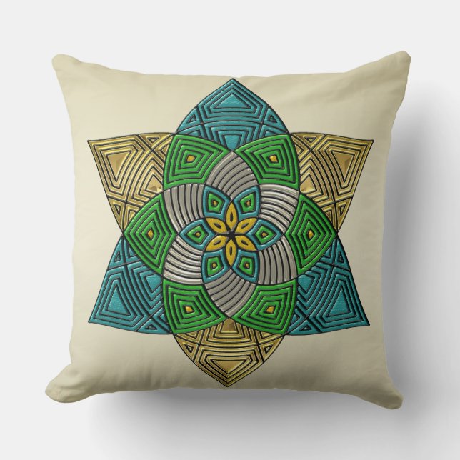 Art Deco Peacock Feather Inspired Mandala Cushion (Front)