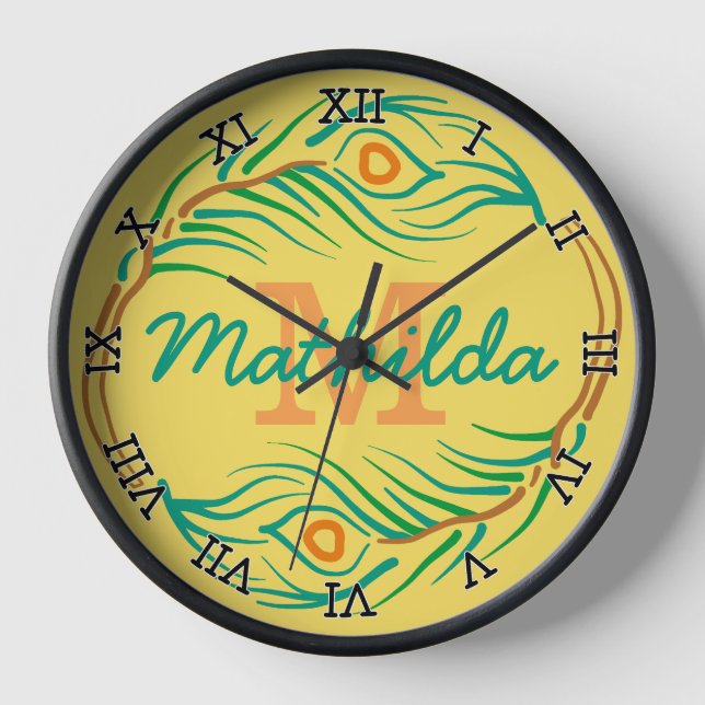 Art Deco Peacock Feather Monogram Stencil Wall Clock (Front)