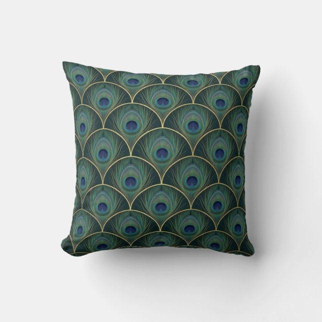 Art Deco Peacock Feather Pattern in Teal & Gold Cushion (Front)