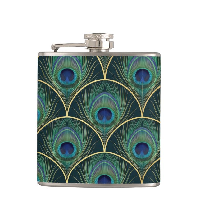 Art Deco Peacock Feather Pattern in Teal & Gold Hip Flask (Front)