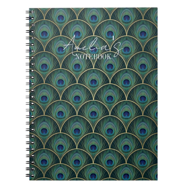 Art Deco Peacock Feather Pattern in Teal & Gold Notebook (Front)