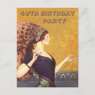 Art Deco Peacock Flapper 40th Birthday Party Invitation