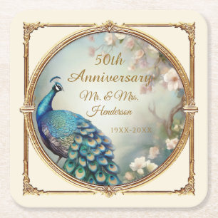 Art Deco Peacock Flower Elegant 50th Anniversary Square Paper Coaster
