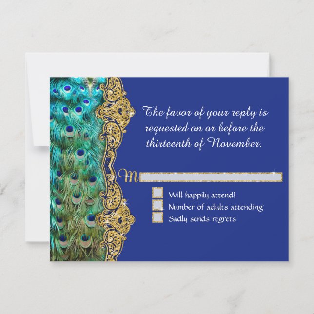 Art Deco Peacock Glam Old Hollywood Blue RSVP Card (Front)