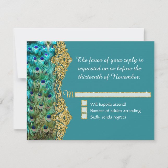 Art Deco Peacock Glam Old Hollywood Wedding RSVP (Front)