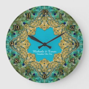 Art Deco Peacock Gold Glitter Old Hollywood Gatsby Large Clock