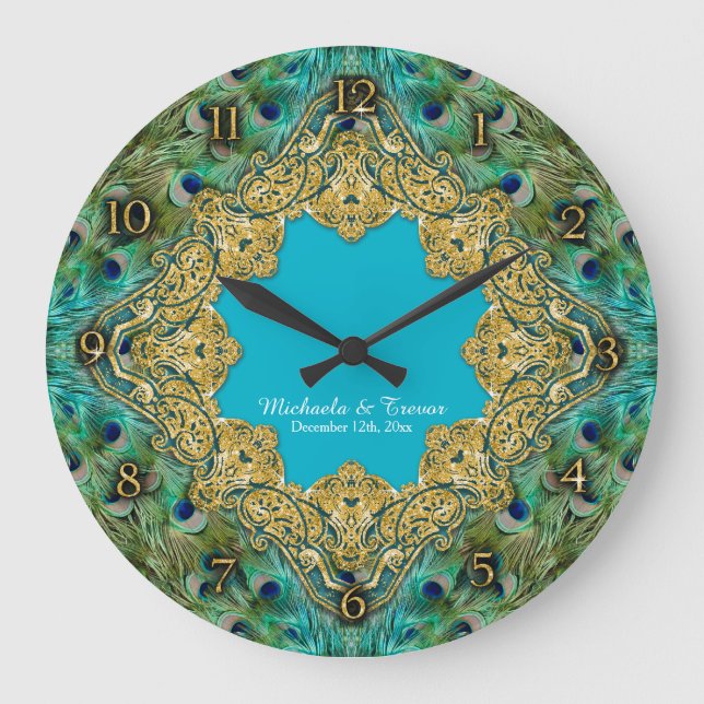 Art Deco Peacock Gold Glitter Old Hollywood Gatsby Large Clock (Front)