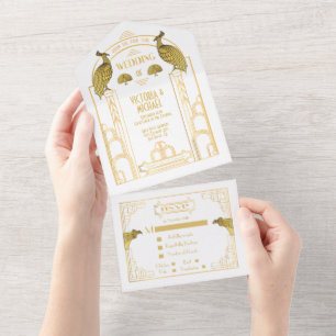 Art Deco Peacock Gold & White Wedding Invitations