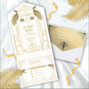 Art Deco Peacock Gold & White Wedding Invitations