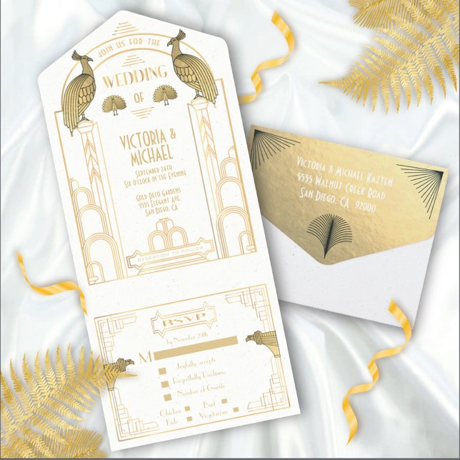 Art Deco Peacock Gold & White Wedding Invitations (Creator Uploaded)