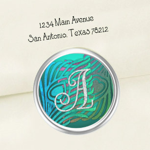 Art Deco Peacock Monogram 3 Silver Classic Round Sticker