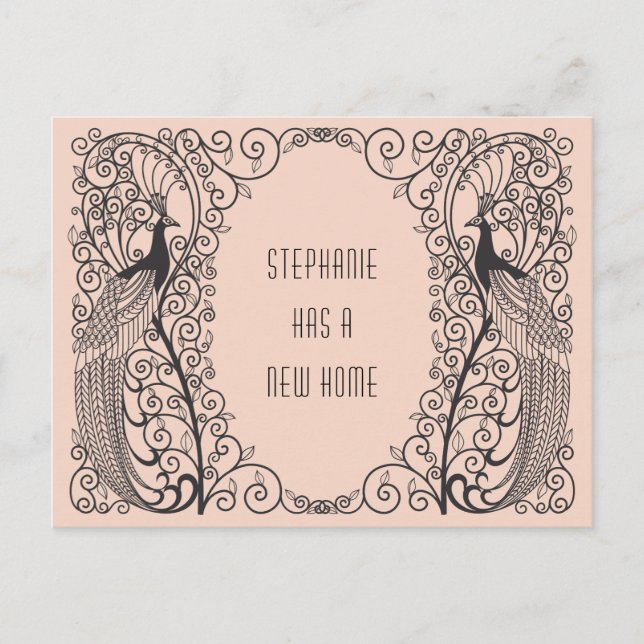 Art Deco Peacock New Address Moving Announcement Postcard (Front)