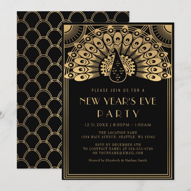 Art Deco Peacock New Year's Eve Party Invitation (Front/Back)