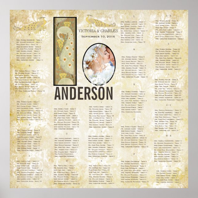 ART DECO Peacock Photo Wedding Seating Chart (Front)