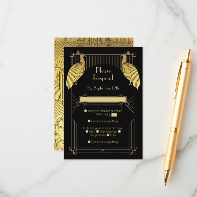 Art Deco Peacock Speak Easy Party Gold & Black Enclosure Card (Front/Back In Situ)
