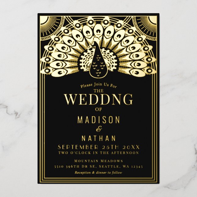 Art Deco Peacock Wedding Foil Invitation (Front)