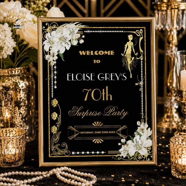 Art Deco Pearls White Flowers Gatsby 20s Welcome Poster (Art Deco Pearls White Lilies Flowers Gatsby 20s Welcome Poster Sign Printed and Digital Download)