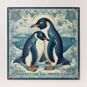 Art Deco Penguin Ice Bird Couple Floral Snow Ocean Jigsaw Puzzle