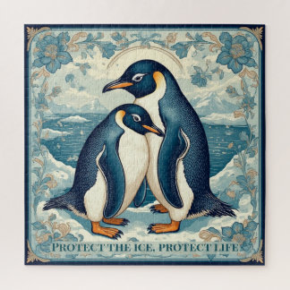 Art Deco Penguin Ice Bird Couple Floral Snow Ocean Jigsaw Puzzle