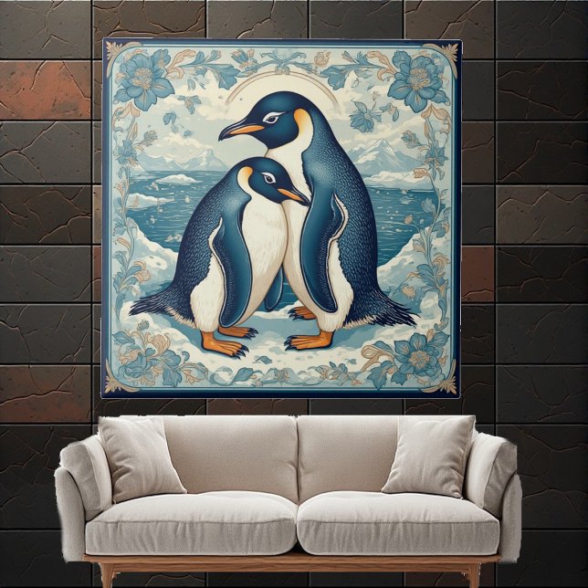 Art Deco Penguin Ice Bird Couple Snow Ocean Floral Ceramic Tile (Art Deco Penguin Ice Bird Couple Snow Ocean Floral Ceramic Tile)