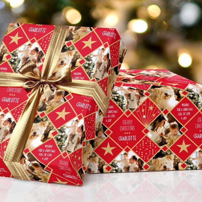 Art Deco Personalised Name Photos Christmas Red Wrapping Paper (Creator Uploaded)