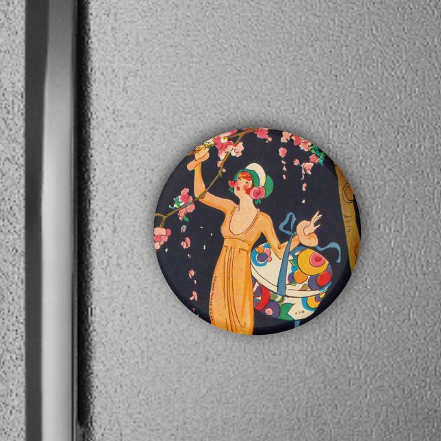 Art Deco Picking Flowers Magnet (Lady picking pretty pink cherry blossoms from tree on black frig magnet.)