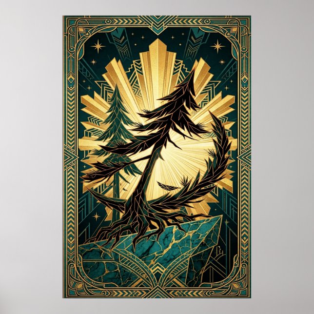 Art Deco Pine Tree Silhouette Gold Teal Cliff Post Poster (Front)