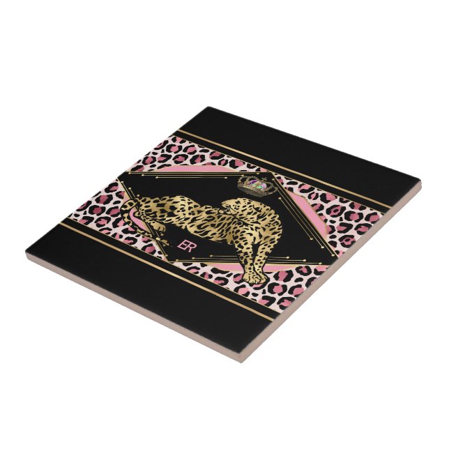 Art Deco Pink and Gold Leopard  Ceramic Tile (Side)