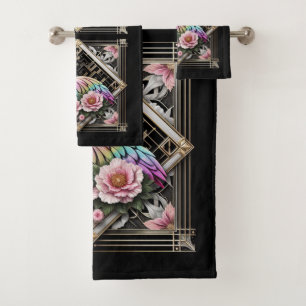 Art Deco Pink and Rainbow Flamingo  Bath Towel Set