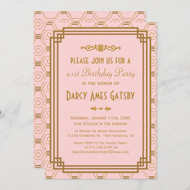 Art Deco Pink Birthday Party Invitations (Front/Back)