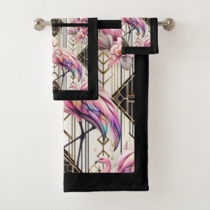 Art Deco Pink Flamingo Bath Towel Set