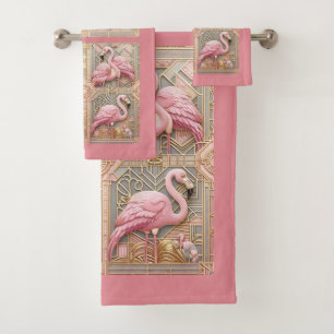 Art Deco Pink Flamingo Bath Towel Set