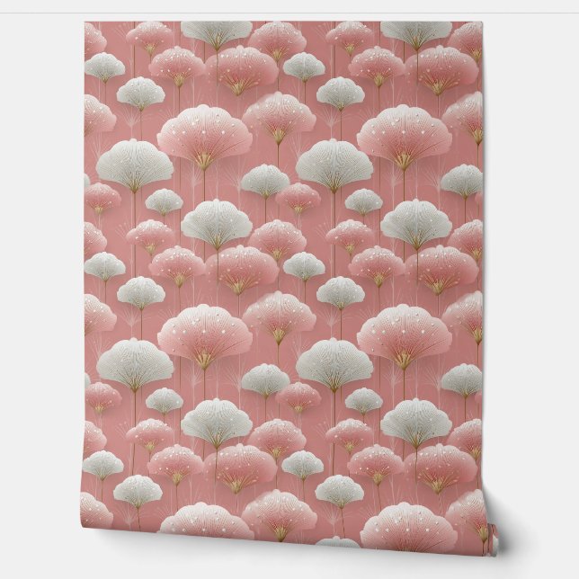 Art Deco Pink Flowers Wallpaper (Unrolling)