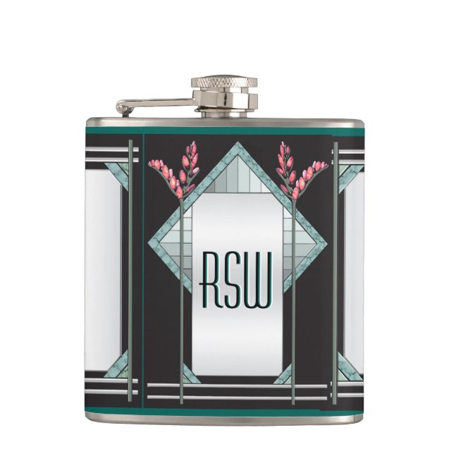 Art Deco Pink Pussy Willow on Black (Personalised) Hip Flask (Front)