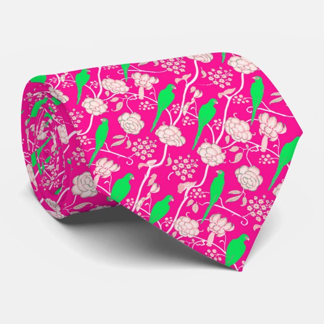 ART DECO PINK WHITE FLOWERS WITH GREEN PARROTS TIE (Rolled)