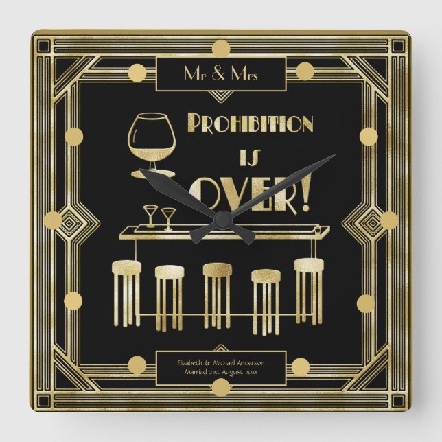 Art Deco Prohibition Is Over 1920s Black Gold Square Wall Clock (Front)