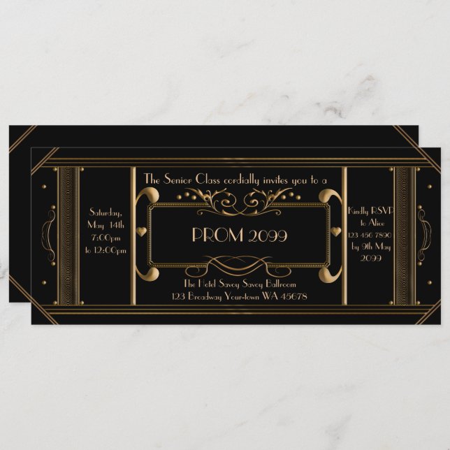 art deco prom ticket,junior prom,senior prom,black invitation (Front/Back)