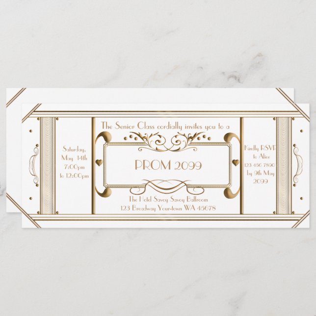 art deco prom ticket,junior prom,senior prom,white invitation (Front/Back)
