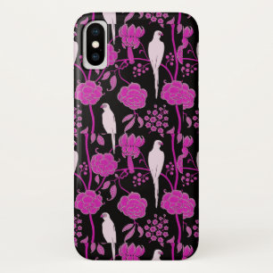 ART DECO PURPLE FLOWERS,WHITE PARROTS ON BLACK iPhone X CASE