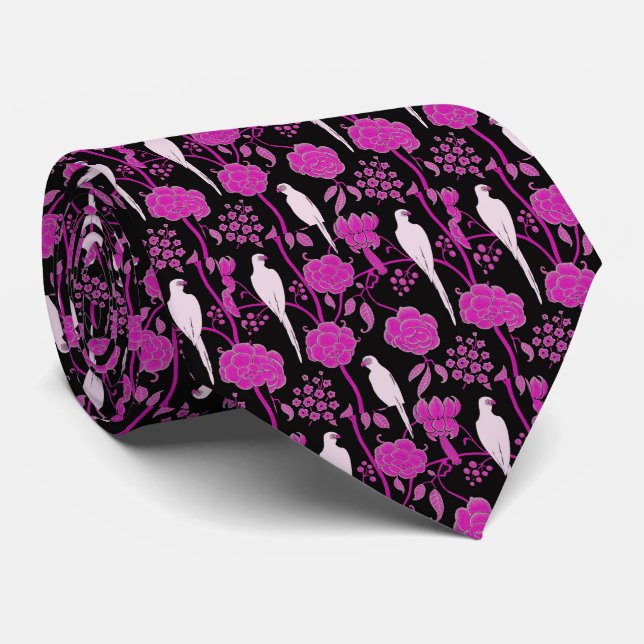 ART DECO PURPLE FLOWERS,WHITE PARROTS ON BLACK TIE (Rolled)