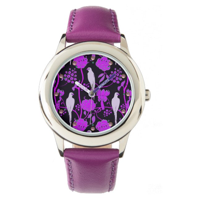 ART DECO PURPLE FLOWERS,WHITE PARROTS ON BLACK WATCH (Front)