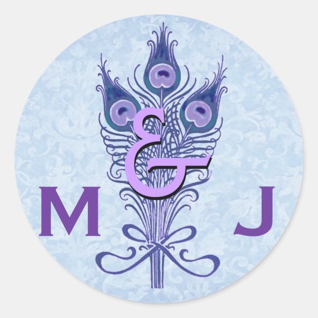 Art Deco Purple Peacock Feathers Monogram Wedding Classic Round Sticker (Front)