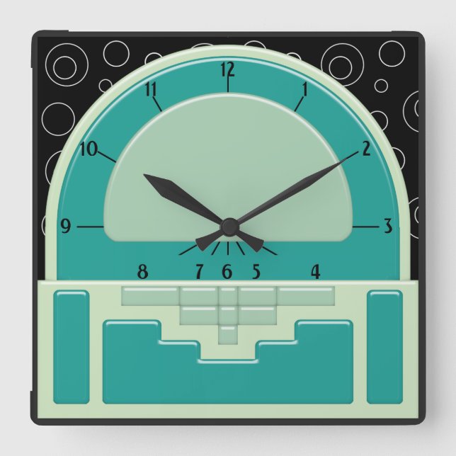 Art Deco Radiola (3 Greens and a Black) Square Wall Clock (Front)