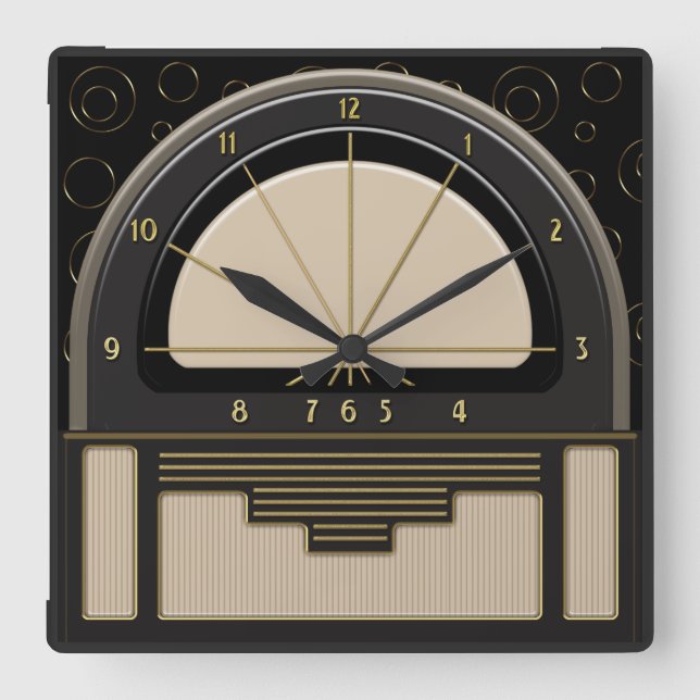 Art Deco Radiola (Sand, Dark Gray, Black, Gold) Square Wall Clock (Front)