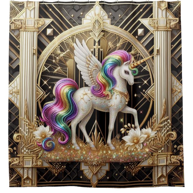 Art Deco Rainbow Faux Glitter Unicorn Shower Curtain (Front)