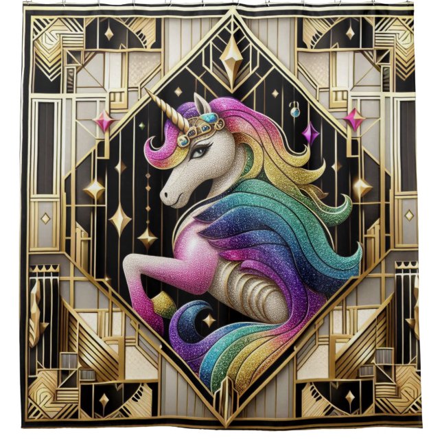 Art Deco Rainbow Faux Glitter Unicorn Shower Curtain (Front)