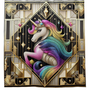 Art Deco Rainbow Faux Glitter Unicorn Shower Curtain