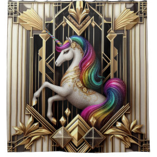 Art Deco Rainbow Faux Glitter Unicorn Shower Curtain